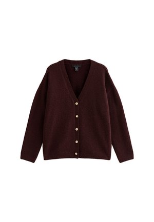 Burgundy knitted cardigan featuring a V-neck, long sleeves, and six gold-tone buttons down the front. Soft texture, relaxed fit.
