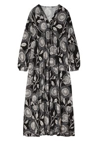 Langes schwarzes Kleid mit einem floralen Muster in Weiß. V-Ausschnitt, lange Ärmel und geraffte Taillenpartie. Leichter, leichter Stoff.