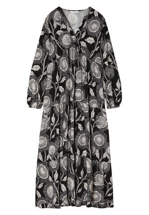 Pikk must kleit, millel on valge lillemuster. V-kaelus, pikad varrukad ja kogutud vöökoht. Kerge, voogav kangas.