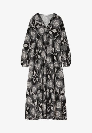 Pikk must kleit, millel on valge lillemuster. V-kaelus, pikad varrukad ja kogutud vöökoht. Kerge, voogav kangas.