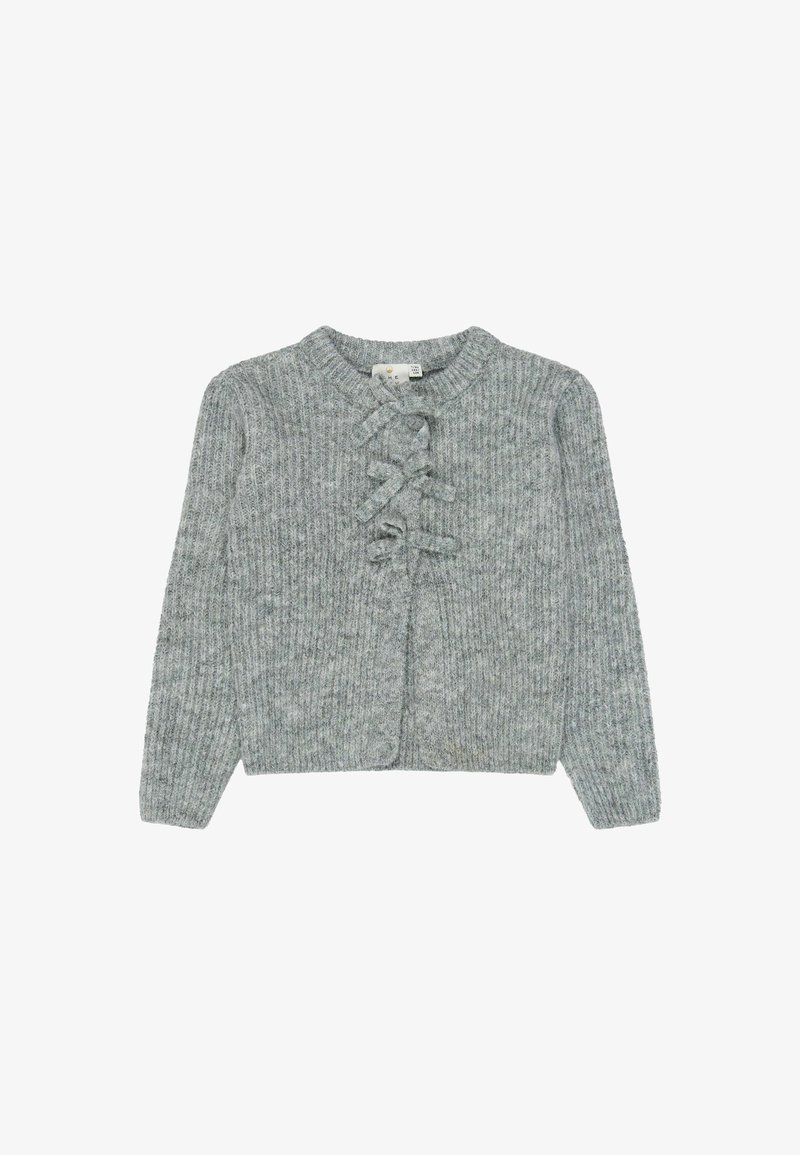Cardigan gris en maille côtelée avec manches longues et trois nœuds noués au centre devant, col rond.