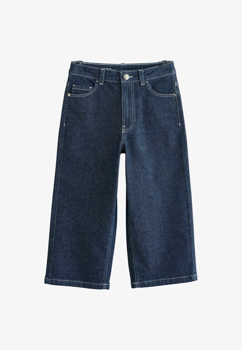 Culottes en denim foncé avec jambes larges, dotées de cinq poches, d'une fermeture à bouton sur le devant et de coutures blanches contrastantes sur les coutures.