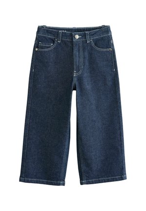 Donkerdenim culottes met brede pijpen, voorzien van vijf zakken, een knoopsluiting aan de voorkant en contrasterende witte stiksels op de naden.