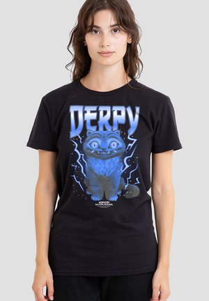 Black cotton t-shirt featuring a large blue cartoon cat graphic with "DERPY" text and lightning accents, displayed on a model.