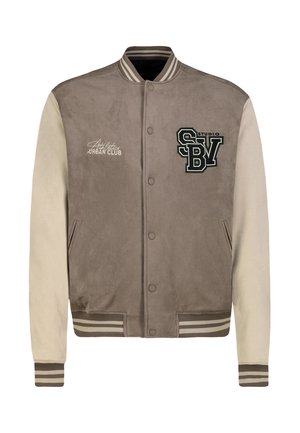 Beige en taupe bomberjack met gestreepte kraag en manchetten, voorste drukknoopsluiting en geborduurde logo’s op de borst.