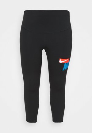 Black Nike leggings with high waistband and blue and red logo on upper thigh, cropped length.