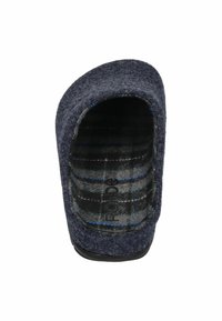 Navy felt slipper with a rounded upper, featuring a black and gray plaid lining and a rubber sole. Lightweight with a textured finish.