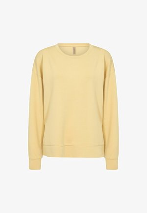 Helles gelbes Langarm-Sweatshirt mit Rundhalsausschnitt, lässiger Passform und gerippten Bündchen. Weicher Stoff ohne Muster oder Akzente.