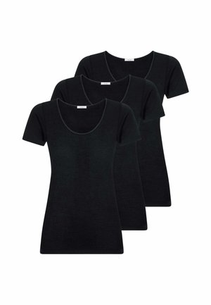 Tre T-shirt nere da donna a maniche corte con scollo a U disposte in una pila sfalsata su sfondo bianco.