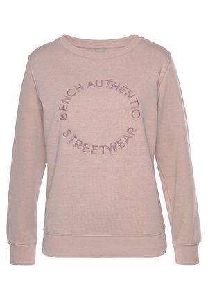 Light pink sweatshirt made of soft fabric featuring a crew neck, long sleeves, and embossed circular text design stating "BENCH AUTHENTIC STREETWEAR."