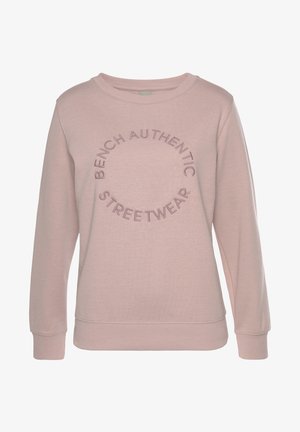 Helles rosa Sweatshirt aus weichem Stoff mit Rundhalsausschnitt, langen Ärmeln und erhabener, kreisförmiger Textgestaltung mit der Aufschrift "BENCH AUTHENTIC STREETWEAR."