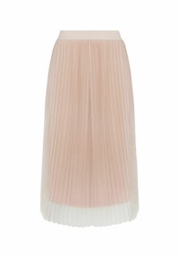 Falda midi plisada de color rosa claro con un sutil brillo en la superficie y una ancha cinturilla elástica.