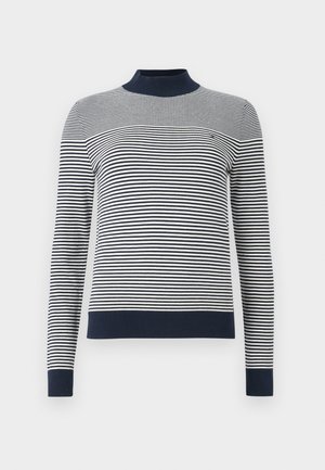 Gestreepte trui met een marineblauwe kraag. Voorzien van horizontale blauw-witte strepen, geribbelde manchetten en een klein logo op de borst.