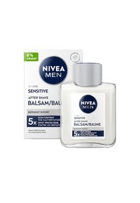 NIVEA Men Sensitive After Shave in a transparent bottle with a silver cap; white cream inside; carton packaging includes English and German text.