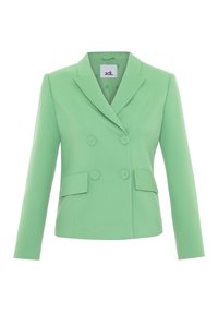 Blazer vert clair croisé avec revers crantés, deux boutons de chaque côté et poches à rabat sur le devant.