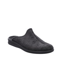 Svart slip-on sko med en texturerad, ribbad stickad ovandel och en slät gummisula. Designen inkluderar en rundad tå och ingen förslutning.