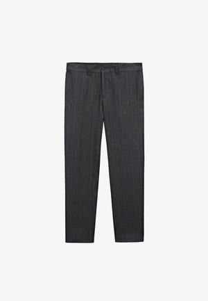 Pantaloni a righe grigio scuro con passanti per cintura, chiusura frontale con bottone e design a gamba dritta, realizzati in un tessuto fine e strutturato.