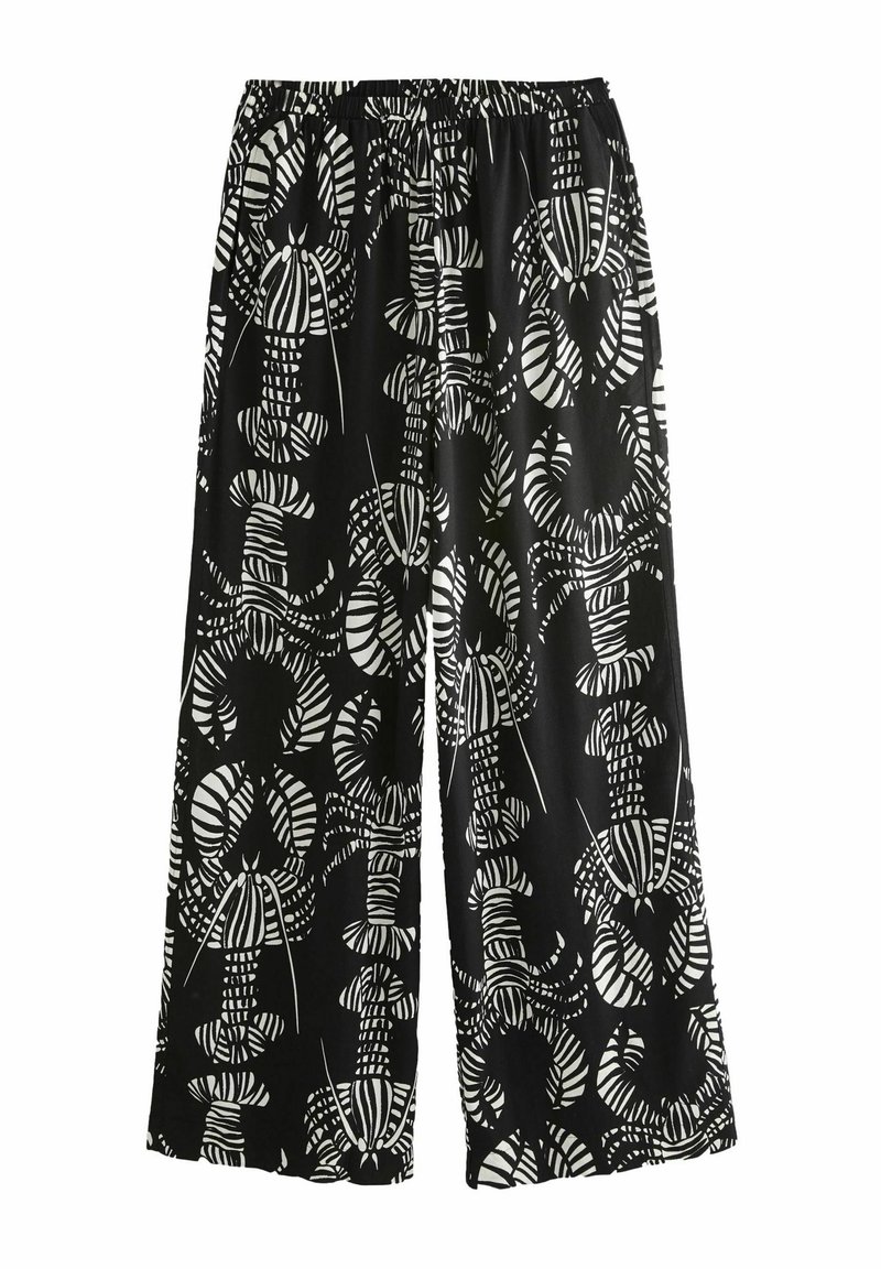 Schwarze weit geschnittene Hose mit einem auffälligen weißen Hummer- und Streifenmuster, ausgestattet mit einem elastischen Bund für Komfort und einfachem Tragen.