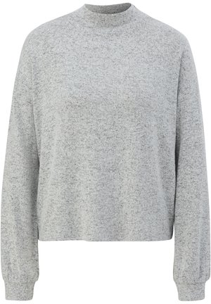 Grijze trui met lange mouwen en hoge hals, gemaakt van zachte, textuurstof. Heeft een relaxte pasvorm en geribbelde manchetten. Geen zichtbare patronen.