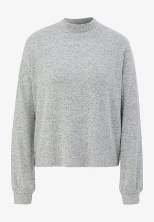 Pull gris à manches longues avec un col montant, fabriqué dans un tissu doux et texturé. Présente une coupe décontractée et des poignets côtelés. Aucun motif visible.