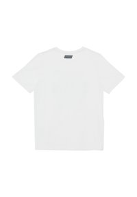 Witte T-shirt met korte mouwen en een ronde hals, met een label op de achterkant. De stof lijkt glad en licht. Geen zichtbare patronen.