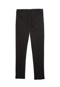 Pantaloni da jogging neri con coulisse, dotati di vita elastica e orli arrotolati, esposti piatti su uno sfondo bianco.