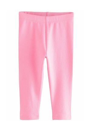 Leggings en coton rose avec une taille élastique, présentant une texture lisse et un design de jambe droite et raccourcie. Aucune motif ni détail en métal.