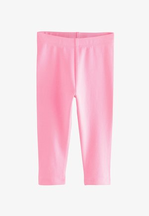 Leggings en coton rose avec une taille élastique, présentant une texture lisse et un design de jambe droite et raccourcie. Aucune motif ni détail en métal.