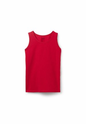 Camiseta sin mangas de algodón roja con escote redondo, mostrada plana sobre fondo blanco.