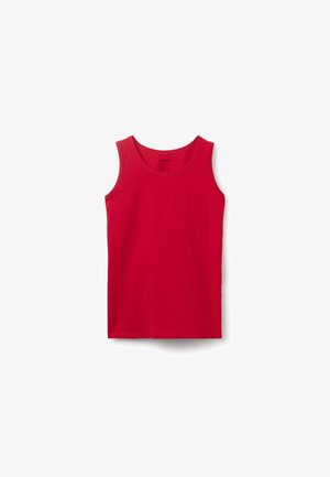 Camiseta sin mangas de algodón roja con escote redondo, mostrada plana sobre fondo blanco.