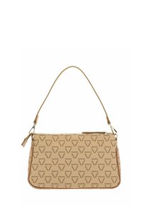 Sac à main Valentino beige avec motif de logo répété, forme rectangulaire, fermeture éclair et bandoulière unique avec fermoirs dorés.
