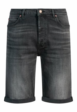 Mustat denim-shortsit haalistuneella viimeistelyllä. Ominaisuuksiin kuuluvat käännetyt hihat, viisi taskua ja metallinen napitus. Huomaamaton kontrastivärinen ompelu.