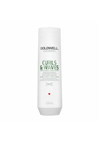 White plastic bottle of Goldwell Dualsenses Curls & Waves shampoo, featuring green text, cap at the top, 250ml size, and red accent.