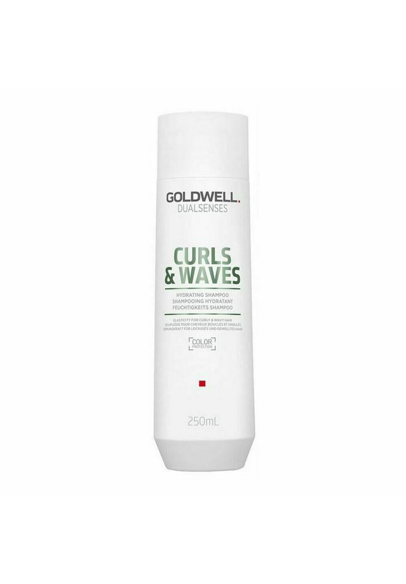 White plastic bottle of Goldwell Dualsenses Curls & Waves shampoo, featuring green text, cap at the top, 250ml size, and red accent.