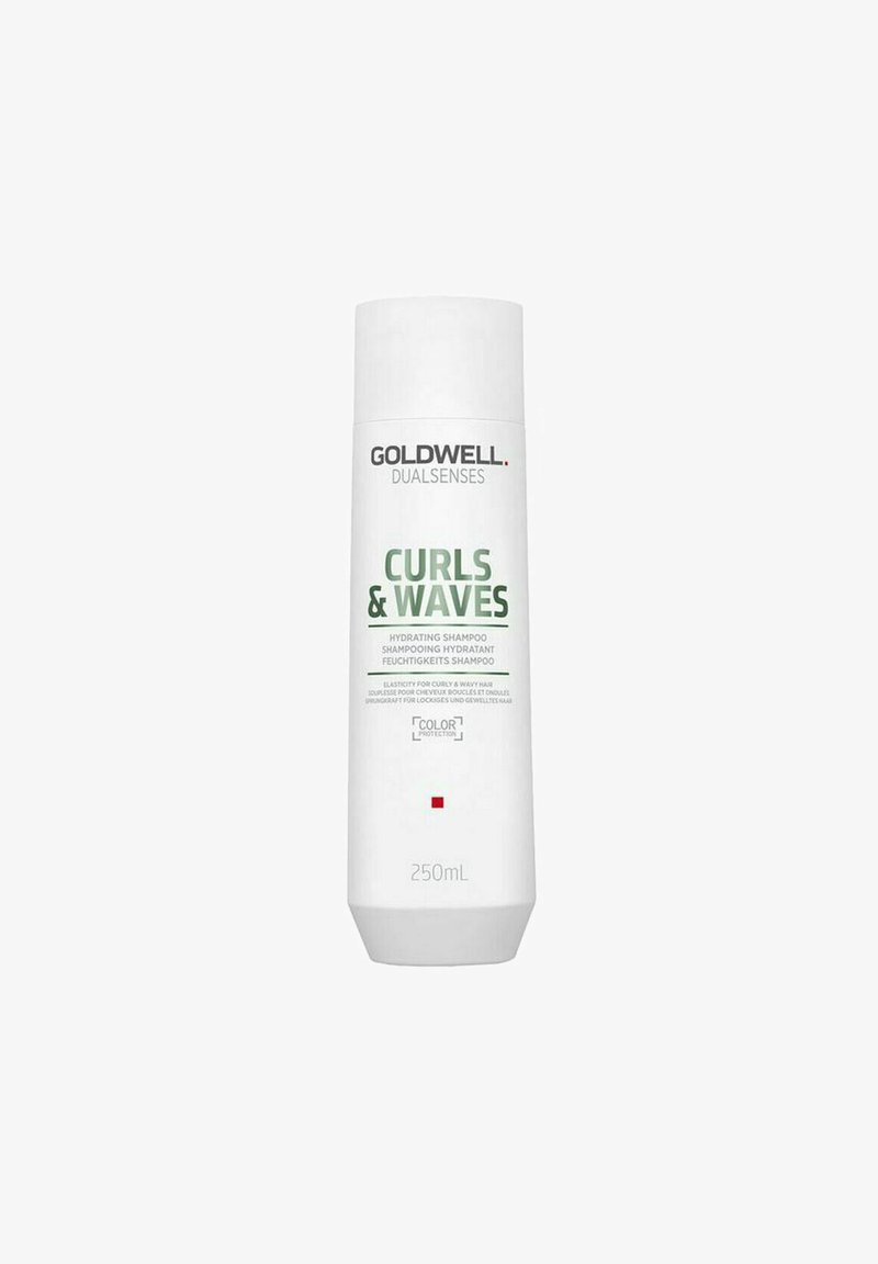 White plastic bottle of Goldwell Dualsenses Curls & Waves shampoo, featuring green text, cap at the top, 250ml size, and red accent.