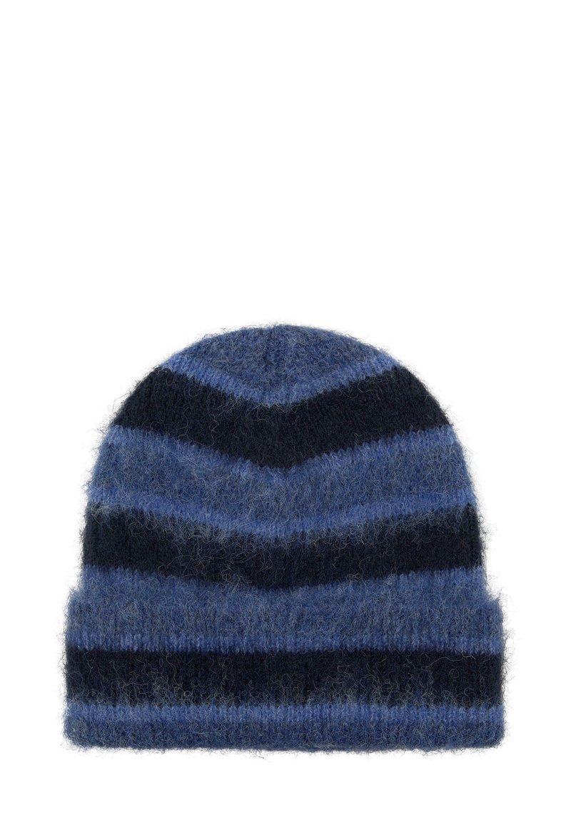 Cappello a maglia con motivo a zigzag in tonalità di blu e nero, con una texture morbida e pelosa. Corona rotonda e design con risvolto.