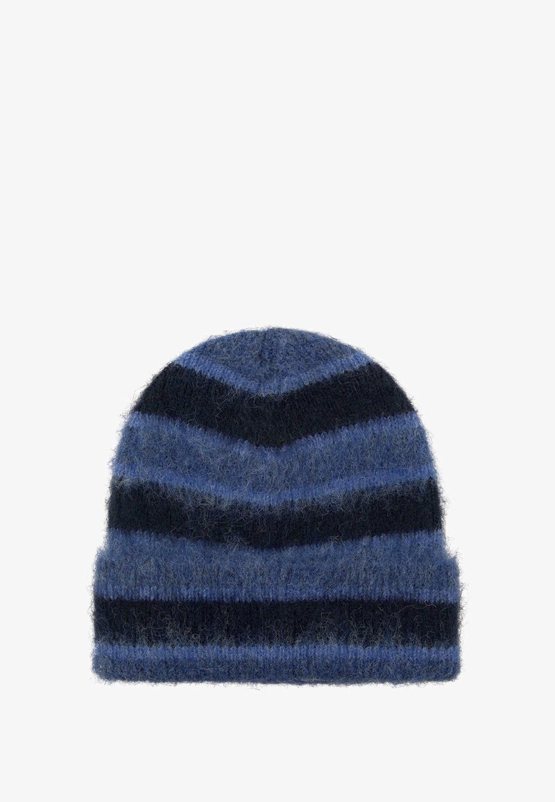 Cappello a maglia con motivo a zigzag in tonalità di blu e nero, con una texture morbida e pelosa. Corona rotonda e design con risvolto.