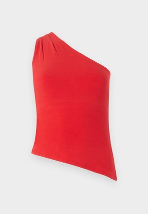 Red, one-shoulder top made of smooth fabric. Features a gathered detail on the shoulder. Fitted design with a straight hem.