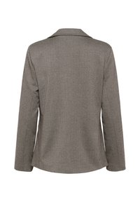 Hnedý blazer v herringbone vzore s krajkovým golierom, dlhými rukávmi a štruktúrovanou tkaninou. Zadná časť je hladká s rovnou spodnou lyžinou.
