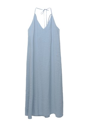 Helles, blaues ärmelloses Maxikleid mit V-Ausschnitt und verstellbaren Spaghettiträgern. Der strukturierte Stoff reicht bis zum Knöchel und bietet eine lockere Passform.
