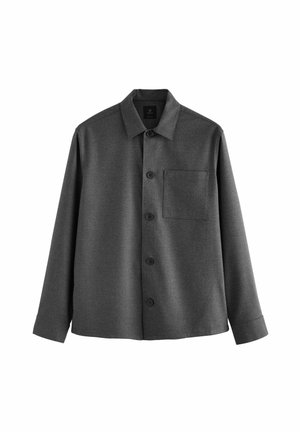Grå button-up skjorte lavet af et struktureret stof, med spids krave, lange ærmer, en brystlomme og fem frontknapper.