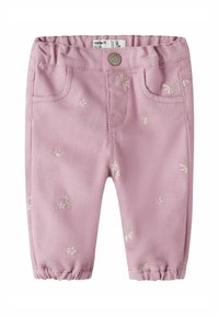 Rožinės medvilninės kelnės su elastine juosmens dalimi. Papuoštos gėlių siuvinėjimu, turi du priekinius kišenes ir surinktas kulkšnies dalis, suteikiančias aptemptą išvaizdą.