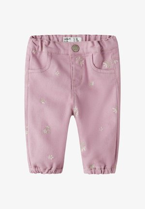 Pink cotton pants with an elastic waistband. Features floral embroidery, two front pockets, and gathered ankles for a fitted look.
