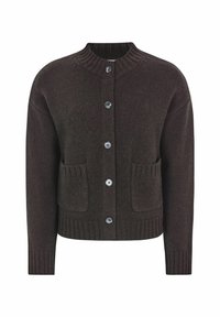 Hnědý pletený cardigan s kulatým vykrojením, pěti modrými knoflíky, ribovaným lemem a dvěma předními kapsami. Měkká textura po celém povrchu.