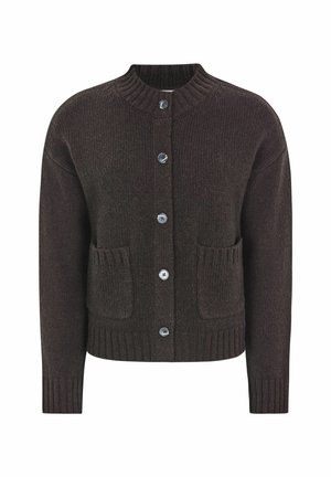 Hnědý pletený cardigan s kulatým vykrojením, pěti modrými knoflíky, ribovaným lemem a dvěma předními kapsami. Měkká textura po celém povrchu.
