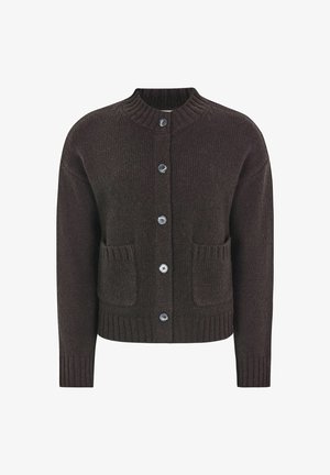 Brown knitted cardigan featuring a rounded neckline, five blue buttons, ribbed hemline, and two front pockets. Soft texture throughout.