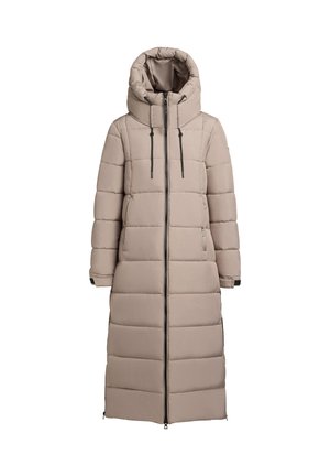 Lungo cappotto imbottito beige con colletto alto, chiusura con zip sul davanti e cappuccio regolabile. Presenta un design trapuntato squadrato e tasche laterali.