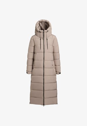 Lungo cappotto imbottito beige con colletto alto, chiusura con zip sul davanti e cappuccio regolabile. Presenta un design trapuntato squadrato e tasche laterali.