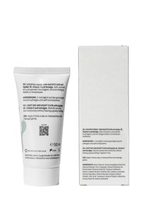 Tubo bianco con accenti azzurri, 50 ml, dotato di un tappo rigato e etichette stampate in più lingue. Include un codice QR.