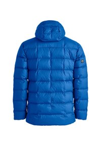 Blue puffer jacket with a hood, featuring quilted sections, smooth shiny texture, and a logo patch on the left sleeve.